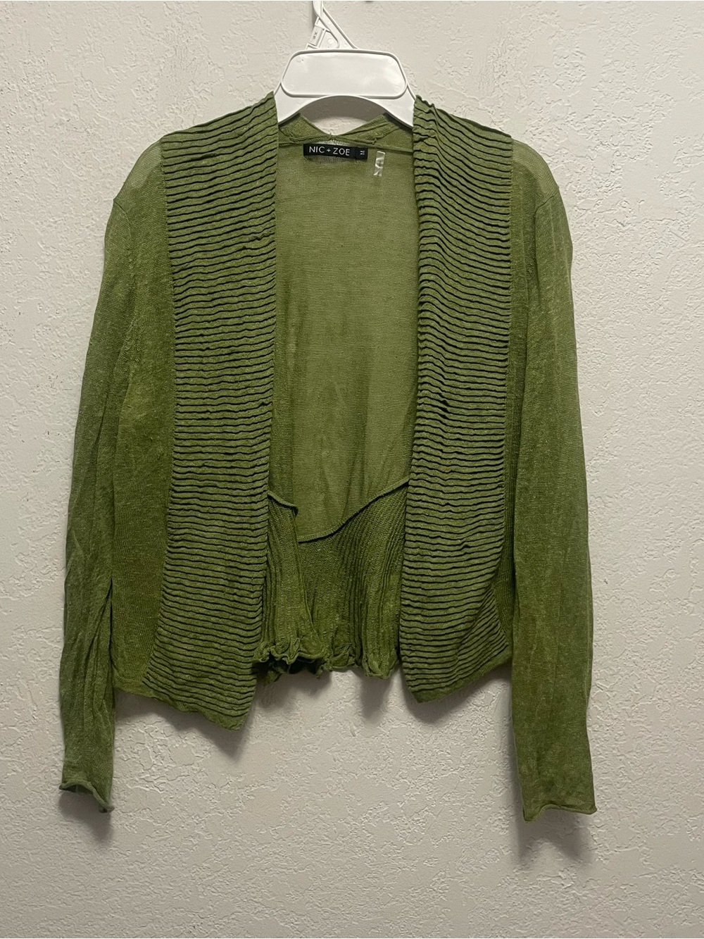 NIC+ZOE cardigan shawl collar green linen blend cropped draped silhouette M
